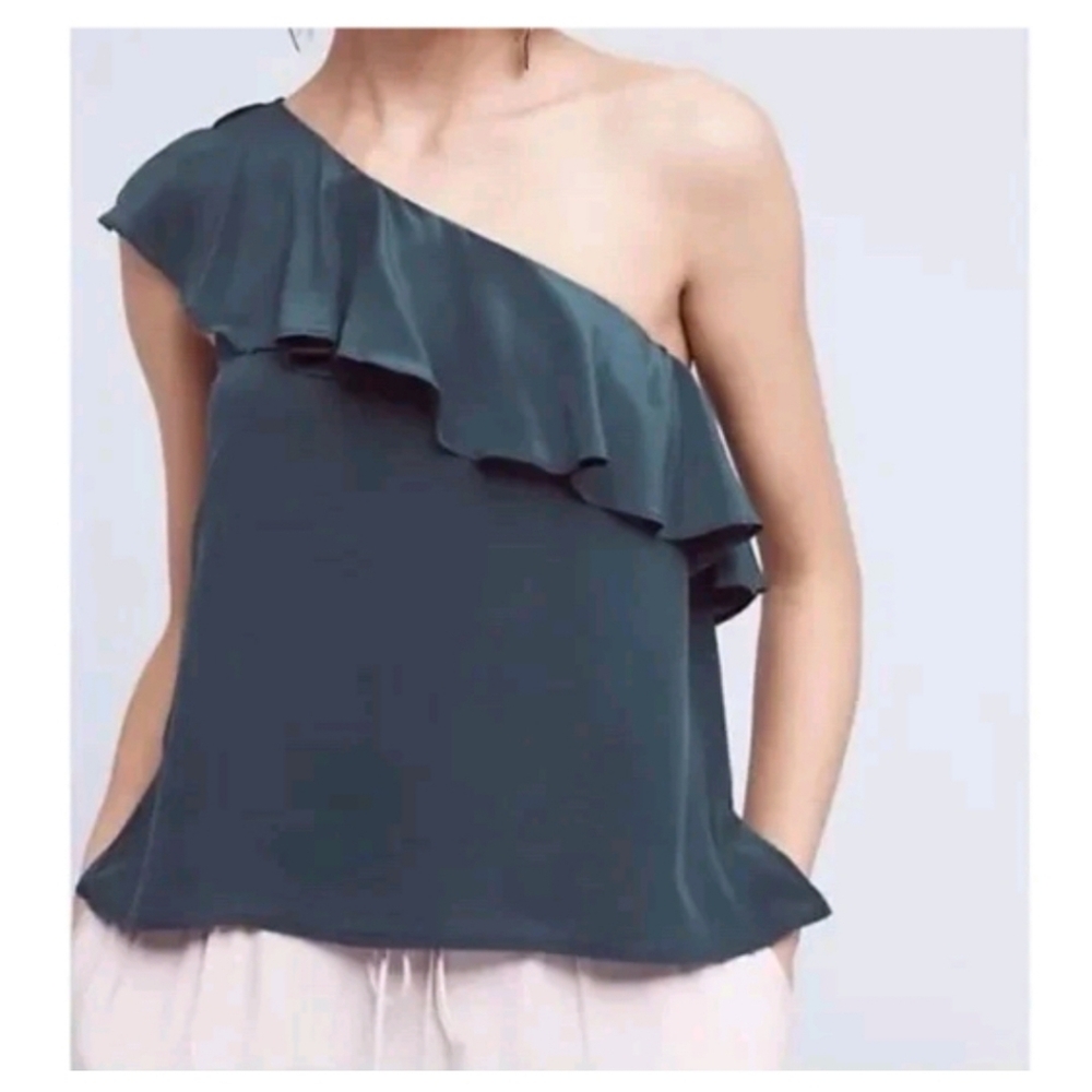 Anthropologie Maeve Holly Silk One Shoulder Ruffle Blouse Size 12 Festive